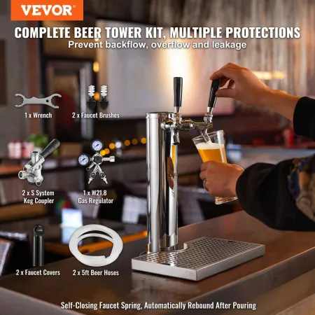 Kegerator Tower Kit, Dual Taps Beer Conversion Kit, Stainless Steel Keg Beer Tower Dispenser with Dual Gauge W21.8 Regulator & S