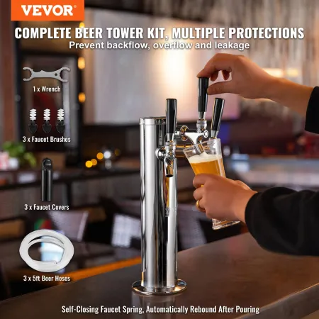 Triple Taps Draft Beer Tower Dispenser, Stainless Steel Keg Beer Tower, Kegerator Tower Kit with Pre-Assembled Tubing and Self-C