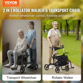 2 I 1 Rollator Walker & Transport Chair For Seniors, Folding Rolling Walker Wheelchair Combo & Footrests, Lightweight Aluminium