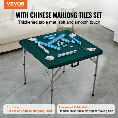 Mahjong Table with Mahjong Tiles Set, Fold-in-Half 4 Player Card Table with 144PCS Majiang Tiles and 3 Dice, Portable Bi-Folding