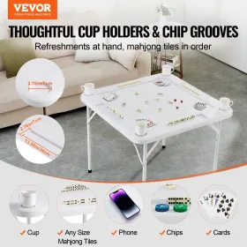 Mahjong Table, Square 4 Player Folding Card Table with 4 Cup Holders & 4 Chip Trays, Portable Domino Game Table with 1 Set of Do