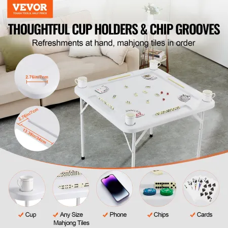 Mahjong Table, Square 4 Player Folding Card Table with 4 Cup Holders & 4 Chip Trays, Portable Domino Game Table with 1 Set of Do