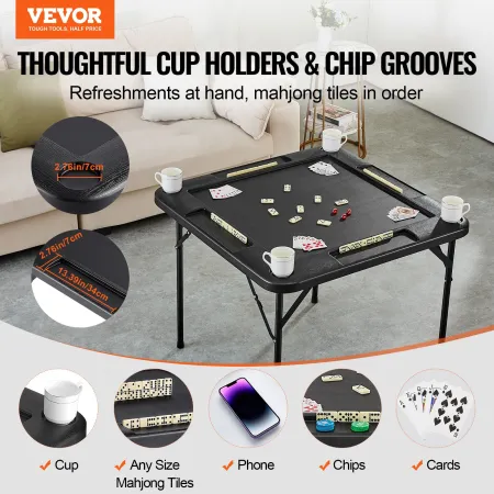 Mahjong Table, Square 4 Player Folding Card Table with 4 Cup Holders & 4 Chip Trays, Portable Domino Game Table with 1 Set of Do