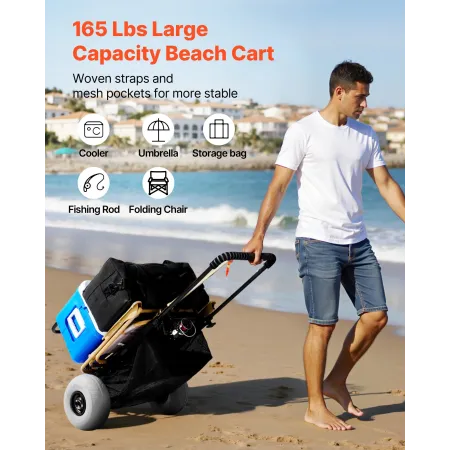 Beach Dolly with Big Wheels for Sand, 20.1" x 14.6" Cargo Deck, w/ 9" Balloon Wheels, 165LBS Loading Capacity Folding Sand Cart 