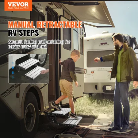 RV Steps, 2-Step, Manual Retractable RV Stairs, Foldable, 440 LBS Load Capacity, Aluminum Alloy Steps, Thickened Steel Plate, No