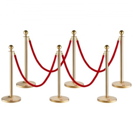 Stanchion Post with Velvet Rope, 6-Pack Crowd Control Stanchion with 4PCS 5FT Red Velvet Ropes, Stainless Steel Queue Barrier