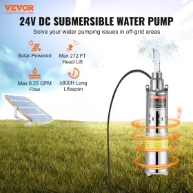 Solar Water Pump, 24V DC 277W Submersible Deep Well Pump, Max Flow 9.25 GPM, Max Head 272 ft, Max Submersion 65.6 ft, Solar