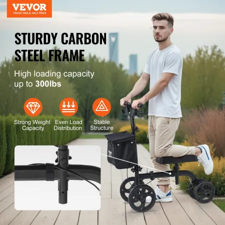 Folding Knee Scooter, Carbon Steel Steerable Knee Walker with Height-Adjustable Handlebar & Knee Pad, All-Terrain Solid Wheels, 