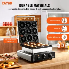 Electric Donut Maker, 2000W Commercial Donut Machine med non-stick overflade, 9 huller dobbeltsidet opvarmningsvaffelmaskine
