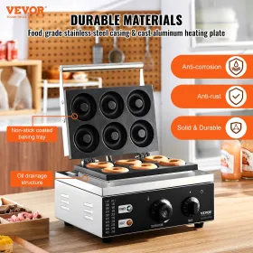 Electric Donut Maker, 1550W Commercial Doughnut Machine with Non-stick Surface, 6 Holes Double-Sided Heating Waffle Machine