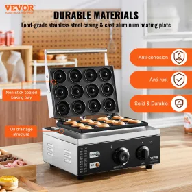 Electric Donut Maker, 1550W Commercial Doughnut Machine with Non-stick Surface, 12 Hole Double-Sided Heating Waffle Machine
