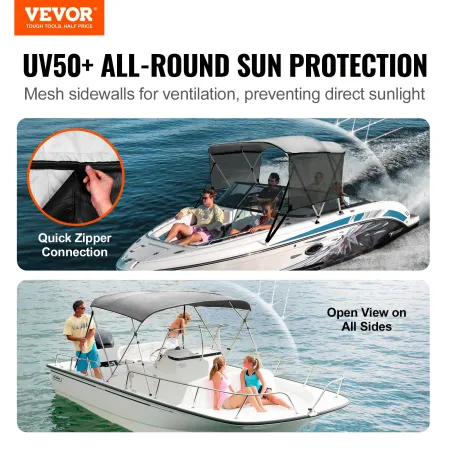 3 Bow Bimini Top Boat Cover, aftagelige mesh -sidevægge, 600d