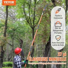 Manual Pole Saw, 7.3-27 ft Extendable Tree Pruner, Sharp Steel Blade High Branches Trimming, Manual Branch Trimmer with
