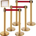 Stanchion Post Barriers 4-Set Line Dividers, Stainless Steel Stanchions with 6.6 Red Retractable Belts, Stanchions with One