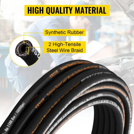 Hydraulic Hose 1/2 inch x 100 ft, Coiled Hydraulic Hose 4000 PSI, Rubber Hydraulic Hose with 2 High-Tensile Steel Wire Braid, Bu