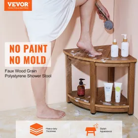 Corner Shower Bench, 18.5" Height 17.75" Radius, Faux Wood Grain Polystyrene, 350 LBS with Storage Shelf, Water Resistant,