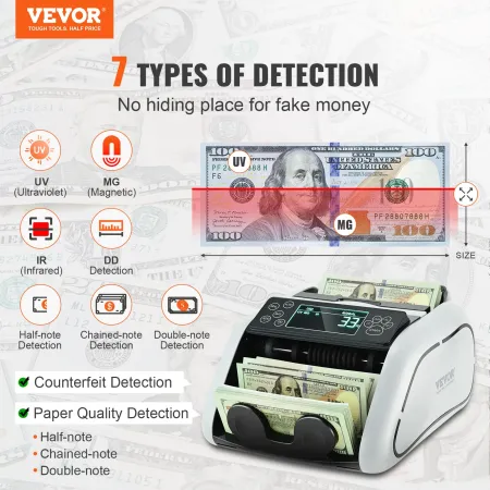 Money Counter Machine, Bill Counter with UV, MG, IR and DD Counterfeit Detection, USD & EUR Cash Counting Machine with Large LCD