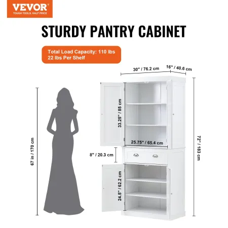 72" Kitchen Pantry Storage Cabinet, Freestanding Utility Cabinets with Doors, Drawer and 3 Adjustable Shelves, Tall Food Buffet 
