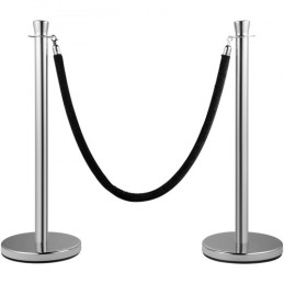Crowd Control Stanchion, Sæt med 2 stykker Stanchion Set, Stanchion Set med 5 ft/1,5 m sort fløjlstop, sølv crowd control
