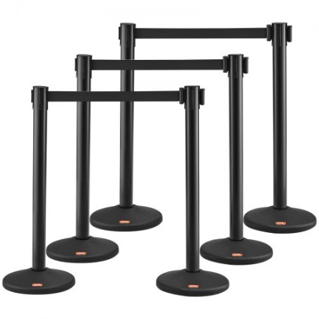 Crowd Control Stanchions, 6-Pack Crowd Control Barriers med 3 stk 6,5ft sorte udtrækkelige bælter, plaststanchionkøindlæg,