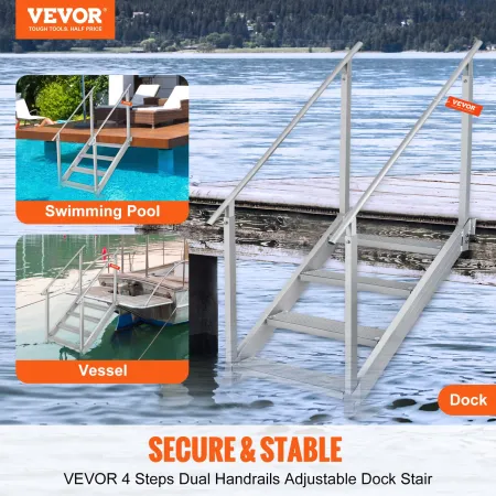 Dock Ladder 4 Step, Dock Stairs 30''-38'' Adjustable Height, 500 lbs Load Capacity, Aluminum Pontoon Boat Ladder with Dual Handr