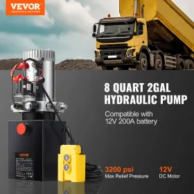 Hydraulic Pump 8 Quart Single Acting Dump Trailer Pump Power Unit DC 12V