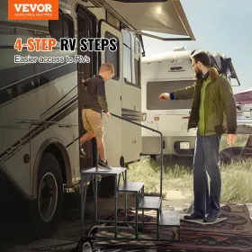 RV-trin, 4-trins RV-trapper, 440 lbs belastningskapacitet, fortykket kulstofstål, med gelænder, skridsikre trin til sikker