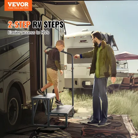 RV Steps, 2-Step RV Stairs, 440 LBS/199.6 kg Load Capacity, Thickened Carbon Steel, With Handrail, Non-Slip Steps for Safe Entry