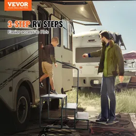 RV Steps, 3-Step RV Stairs, 440 LBS Load Capacity, Thickened Carbon Steel, With Handrail, Non-Slip Steps for Safe Entry and