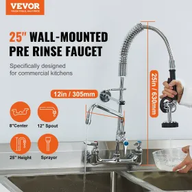 Commercial Faucet with Pre-Rinse Sprayer, 25" Height, 8" Center, 12" Swing Spout, Wall Mount Kitchen Sink Faucet, Brass