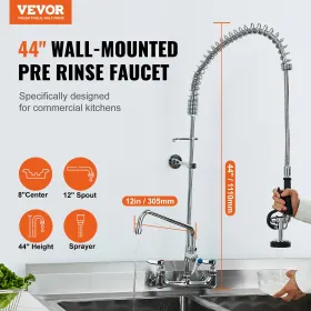 Commercial Faucet with Pre-Rinse Sprayer, 44" Height, 8" Center, 12" Swing Spout, Wall Mount Kitchen Sink Faucet, Brass