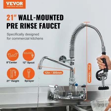 Commercial Faucet with Pre-Rinse Sprayer, 21" Height, 8" Center, 12" Swing Spout, Wall Mount Kitchen Sink Faucet, Brass Construc