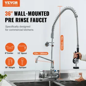 Commercial Faucet with Pre-Rinse Sprayer, 36" Height, 8" Center, 12" Swing Spout, Wall Mount Kitchen Sink Faucet, Brass