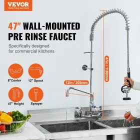 Commercial Faucet with Pre-Rinse Sprayer, 47" Height, 8" Center, 12" Swing Spout, Wall Mount Kitchen Sink Faucet, Brass