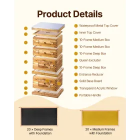 Bee Hive 40 Frame Bee Hives Starter Kit, Beeswax Coated Cedar Wood, 2 Deep + 2 Medium Bee Boxes Langstroth Beehive Kit,