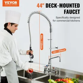 Commercial Faucet with Pre-Rinse Sprayer, 44" Height, 8" Center, 12" Swing Spout, Deck Mount Kitchen Sink Faucet, Brass