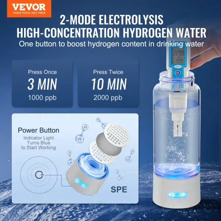 Hydrogen Water Bottle Generator, 380 ml/ 379.9 g Capacity Portable Hydrogen Water Maker, SPE Technology Hydrogen Rich Water Ioni