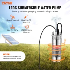Solar Water Pump, 12V DC 120W Submersible Deep Well Pump, Max Flow 3.2 GPM, Max Head 230 ft, Max Submersion 98.4 ft, Solar