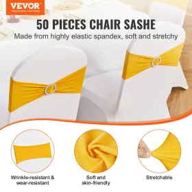 50 PCS Golden Yellow Stretch Spandex Chair Sashes, Chair Slipcover and Stretch Chair Sash with Round Buckle, Elastic Chair