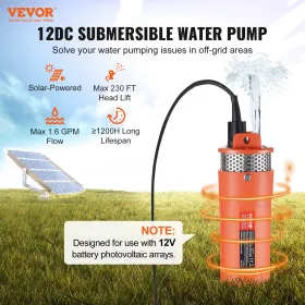 Solar Water Pump, 12V DC 96W Submersible Deep Well Pump, Max Flow 1.6 GPM, Max Head 230 ft, Max Submersion 98.4 ft, Solar