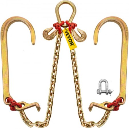 V Bridle Chain, 5/16 in x 2 ft Bridle Tow Chain, Grade 80 V-Bridle Transport Chain, 9260 Lbs Break Strength with TJ Hooks and