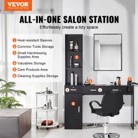 Salon Station, Wall Mount Barber Salon Station for Hair Stylist, Beauty Spa Furniture Set, 1 Storage Cabinet, 3 Open Cubbies