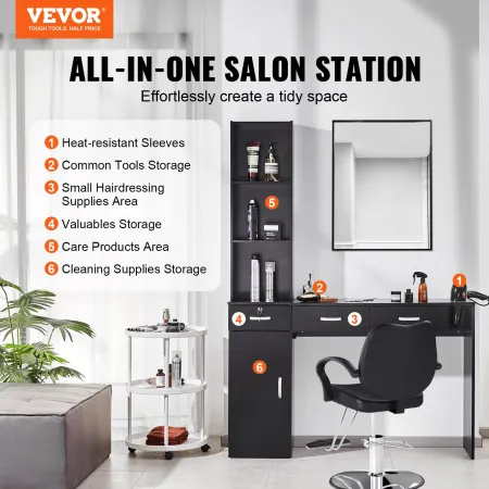 Salon Station, Wall Mount Barber Salon Station for Hair Stylist, Beauty Spa Furniture Set, 1 Storage Cabinet, 3 Open Cubbies and