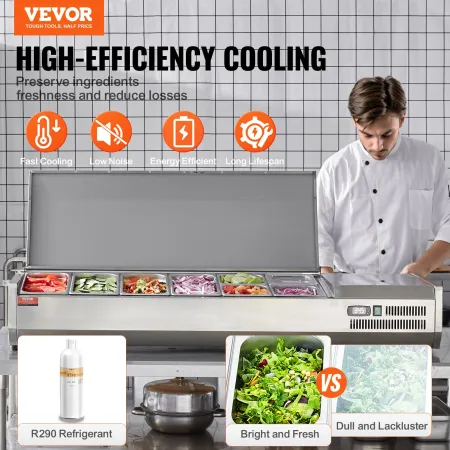 Refrigerated Condiment Prep Station, 155 W Countertop Refrigerated Condiment Station, with 4 1/3 Pans & 4 1/6 Pans, 304 Stainles