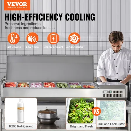 Refrigerated Condiment Prep Station, 165 W Countertop Refrigerated Condiment Station, with 5 1/3 Pans & 4 1/6 Pans, 304 Stainles