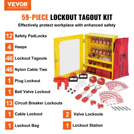 Electrical Lockout Tagout Kit, 59 PCS Safety Lockout Tagout Station With Padlocks, Hasps, Tags, Ties, Plug Lockout, Circuit Brea