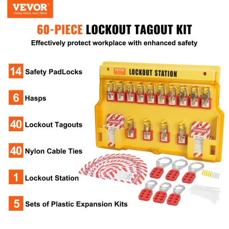 Electrical Lockout Tagout Kit, 60 PCS Safety Lockout Tagout Station Includes Padlocks, Hasps, Tags, Nylon Ties, Expansion Kit, a