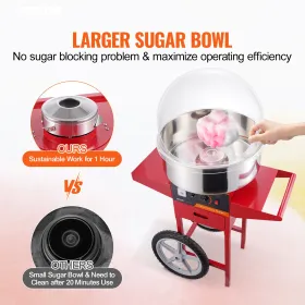 Electric Cotton Candy Machine with Cart, 1000W Commercial Candy Floss Maker with Cover, Stainless Steel Bowl, Sugar Scoop and
