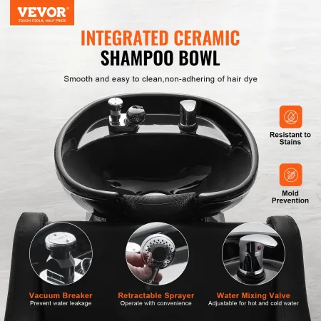 Shampoo Backwash Chair, 661.4LBS Loading Barbershop Hair Washing Station with Electric Adjustable Footrest & Ceramic Bowl, Backw