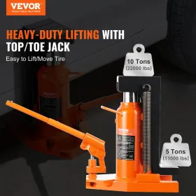 Hydraulisk tå Jack, 5 ton på tå tå Jack Lift, 10 ton på Top Lift Capacity Machine Jack, 0,8-6,8 i tåhøjde, 11,3-17,3 i